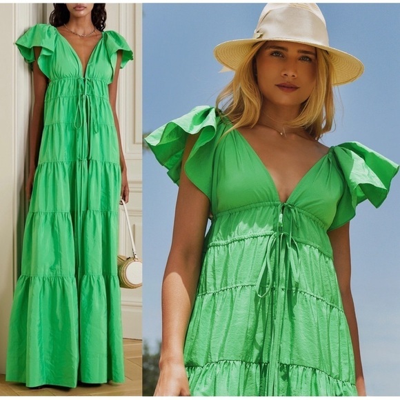 ALC Flutter Short Sleeve V-Neck Empire Waist‎ Front Tie Ruffle Tier Maxi Gown 6 - Picture 2 of 16